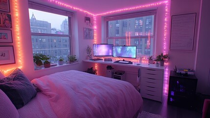 Pink Neon Lights in a Bedroom