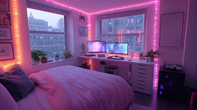 Pink Neon Lights in a Bedroom