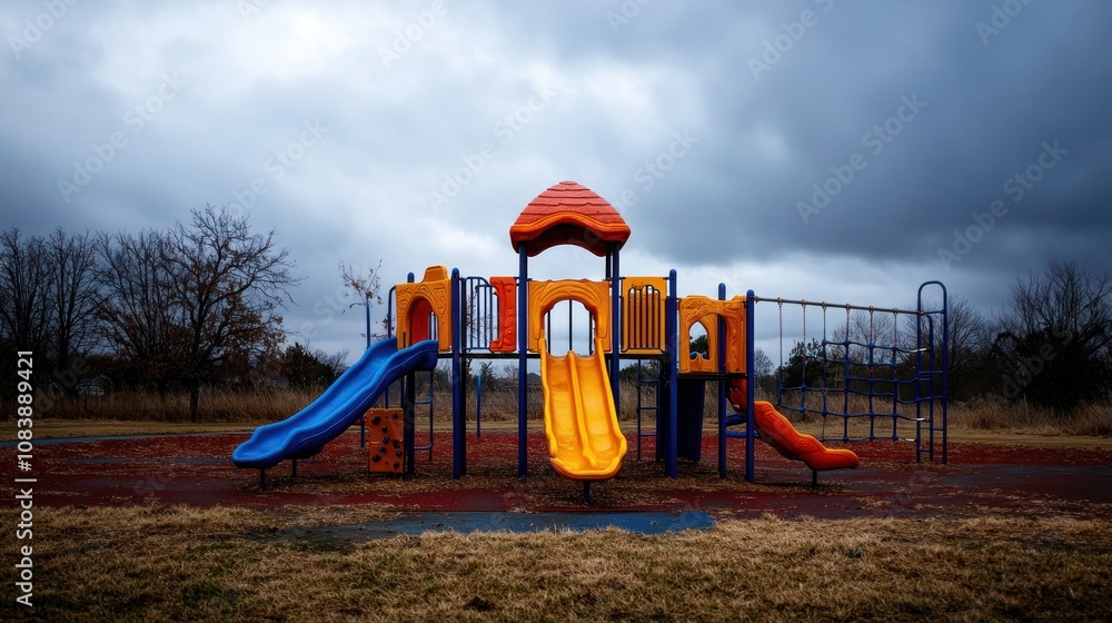 Poster a colorful playground featuring slides and climbing equipment under a cloudy sky.