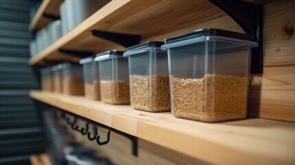 Clear Plastic Containers Filled with Grain on Wooden Shelves