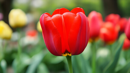 A vibrant red tulip in full bloom, standing gracefully against a lush green background.