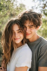 Fototapeta premium A photo of two happy young people in love, smiling and hugging each other in the park. The girl has long brown hair with highlights, generative ai