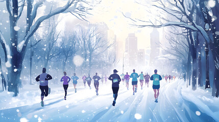 A winter charity marathon where participants run or walk to raise funds for local shelters and food banks, promoting health, fitness, and community support during the colder season.