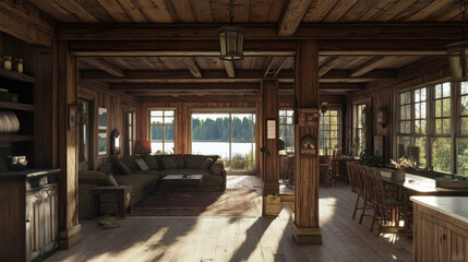 Fototapeta premium Cozy cabin interior with lake view featuring wooden furnishings and open layout during daytime