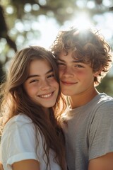 Fototapeta premium A photo of two happy young people in love, smiling and hugging each other in the park. The girl has long brown hair with highlights, generative ai