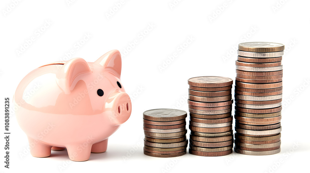 Poster a piggy bank next to a neatly stacked tower of coins, representing saving progress