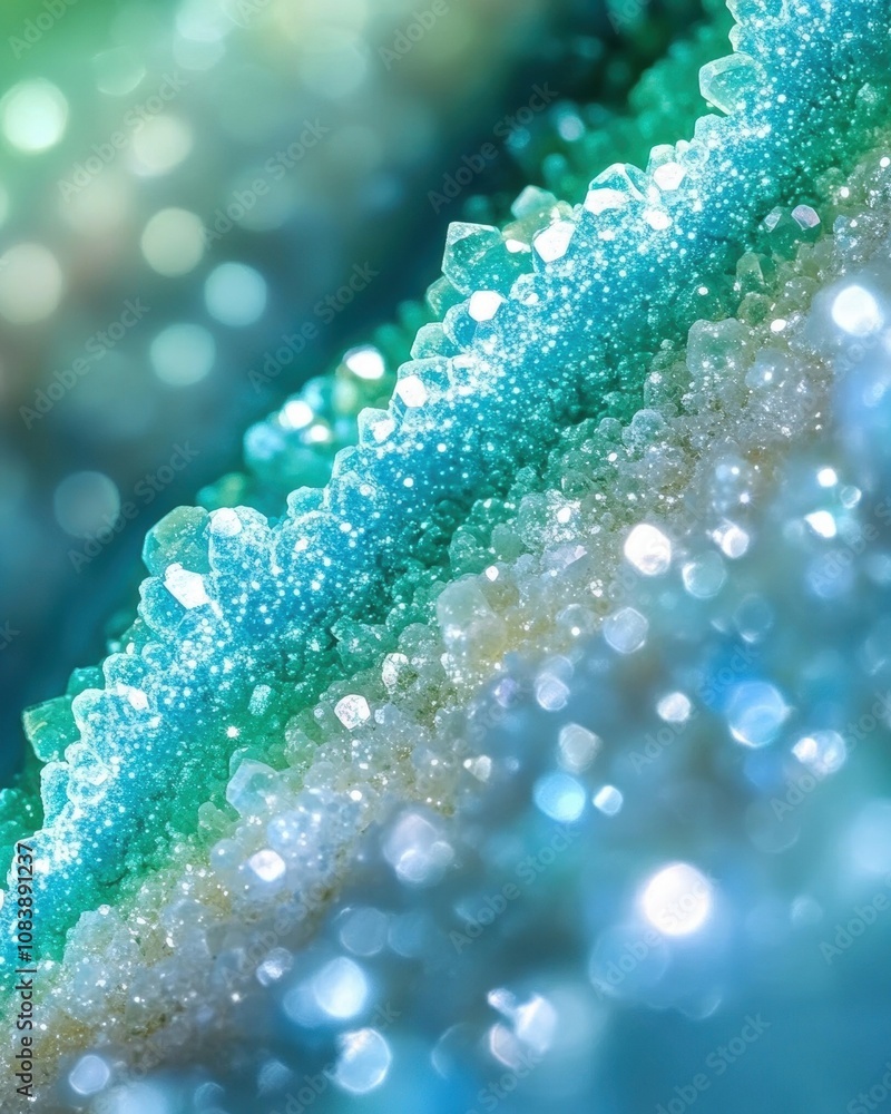 Poster vivid macro details of phosphorescent compounds glowing under uv light in dark lab setting