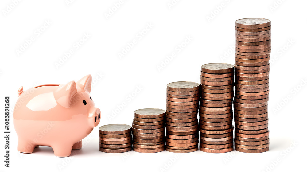 Poster a piggy bank next to a neatly stacked tower of coins, representing saving progress