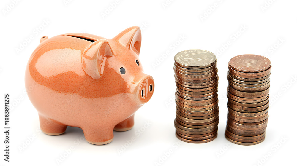 Poster a piggy bank next to a neatly stacked tower of coins, representing saving progress