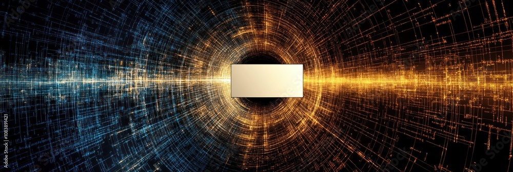 Poster abstract digital design with a central blank space amid swirling light patterns.