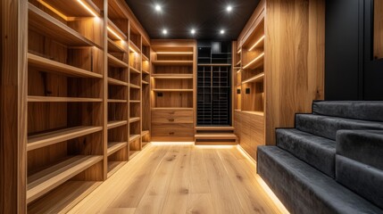 Modern Home Library with Wooden Shelving and a Black Velvet Seating Area