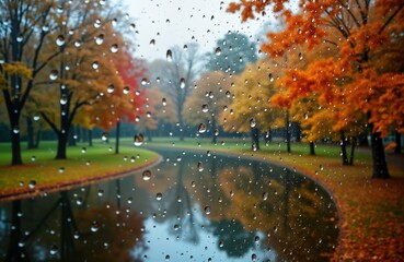 Fototapeta premium Rainy autumn day in park. Wet glass reflects colorful trees. Water drops on window. Pond and trees are visible. Beautiful autumn colors. Fall season view from window.