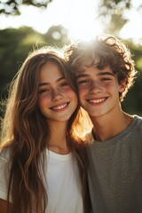 Naklejka premium A photo of two happy young people in love, smiling and hugging each other in the park. The girl has long brown hair with highlights, generative ai