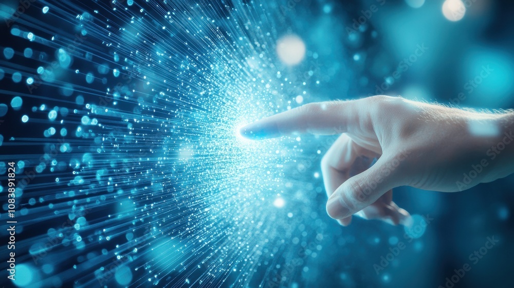 Poster Man Interacts With Digital Hologram Representing Documents and Files in a Futuristic Setting