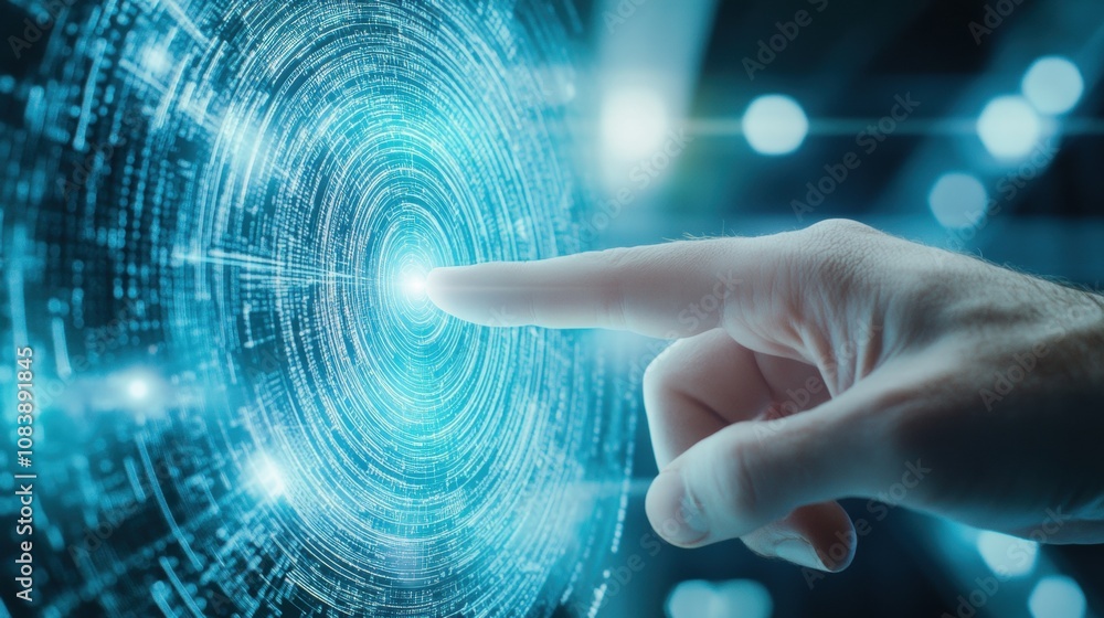 Poster Man Touches Digital Check Mark Hologram, Exploring Virtual Documents and Files in Modern Workspace