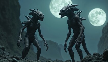 Fototapeta premium Alien beings with reptilian features standing on rocky alien terrain under twin moons, intense and mysterious mood