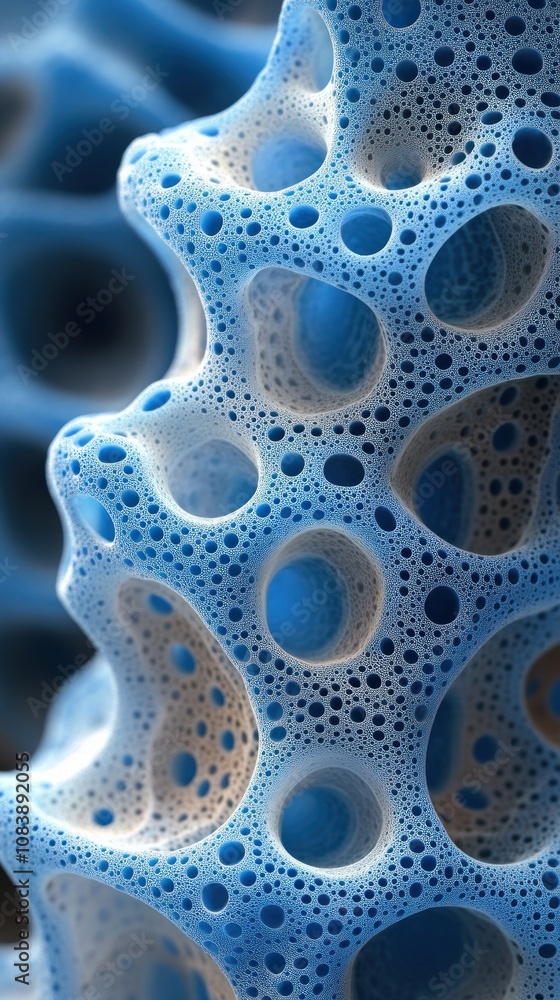 Poster close-up of textured blue material with porous structure.