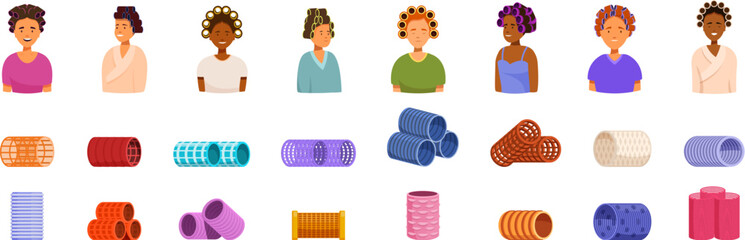 Hair rollers icons set. Set of smiling women wearing hair curlers and collection of various colorful hair rollers for creating hairstyles