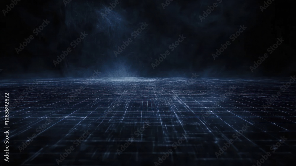 Poster a dark, digital landscape with a grid pattern and ethereal light effects.