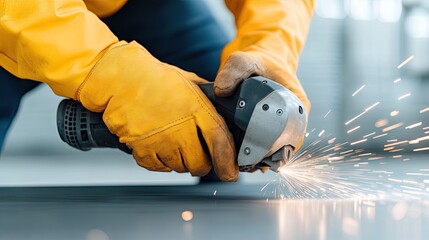 A skilled worker uses an angle grinder to cut metal, creating sparks in a vibrant workshop setting