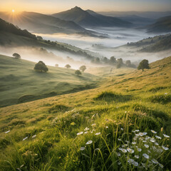 Obraz premium A stunning mountain landscape at sunrise, with mist rolling through the valleys and a meadow covered in morning dew