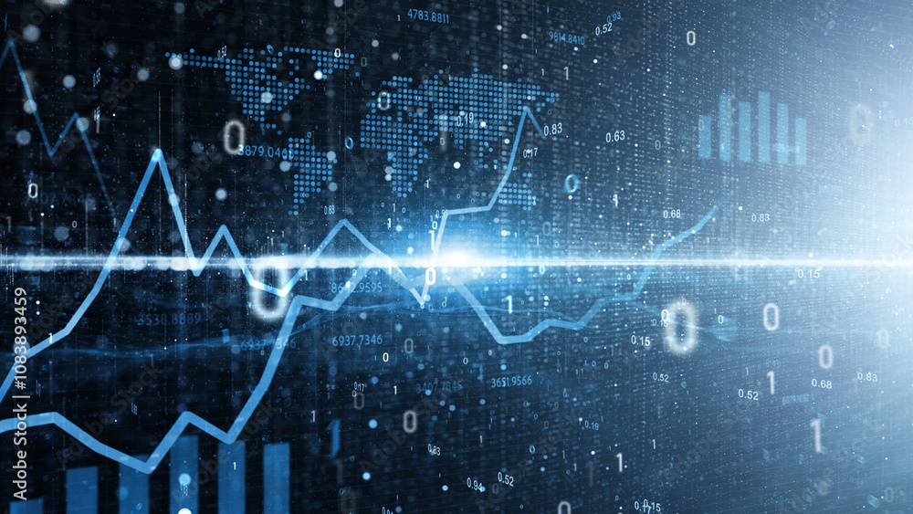 Poster blue digital business graphs with binary data illustration.