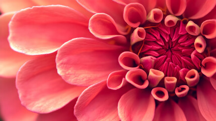 Fototapeta premium A vibrant close-up of a zinnia flower, showcasing its vivid pink petals curling into intricate designs around a deep magenta core.