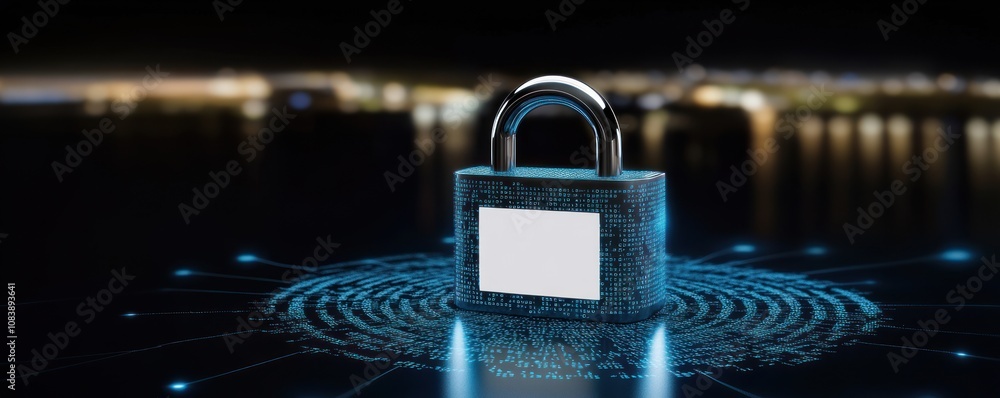 Poster a digital padlock on a glowing circuit pattern, symbolizing cybersecurity and protection.