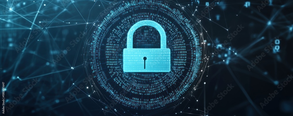 Poster a digital padlock symbolizing cybersecurity amidst a network of data connections.