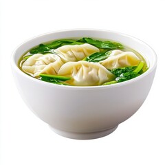 Chinese food clipart. A delicious bowl of dumplings in clear broth with fresh greens, perfect for comforting meals any time of the day.