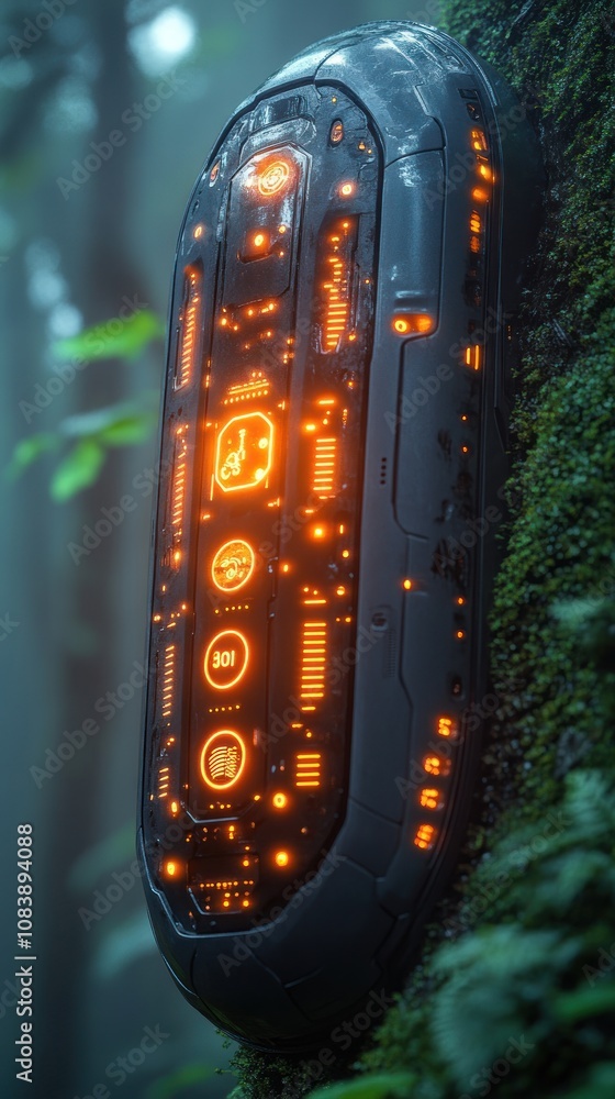 Poster futuristic device embedded in a mossy tree in a misty forest.