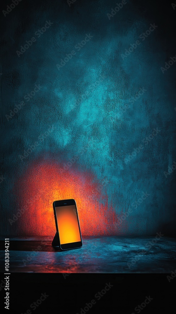 Aufkleber a smartphone illuminated against a textured backdrop, creating a moody atmosphere.