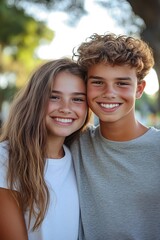 Fototapeta premium A photo of two happy young people in love, smiling and hugging each other in the park. The girl has long brown hair with highlights, generative ai