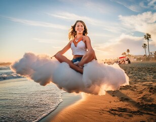 "Surreal image of a woman riding on a cloud" "Fantastic landscape of a woman relaxing on a soft cloud"
