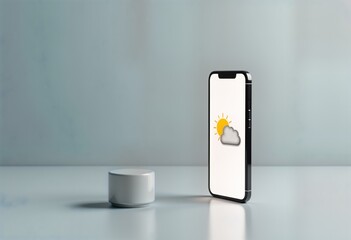 Modern smartphone displays weather app. Light gray background. Sunny partly cloudy icon. Tech device. Weather forecast app. Smartphone display. Weather app interface. Digital display. Mobile phone.