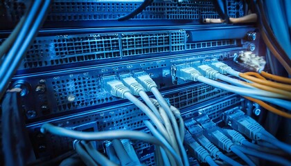 Data connection cables in data center close up view