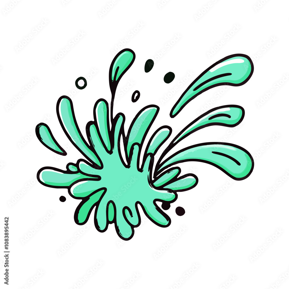 Poster splash stroke icon in turquoise color with dynamic droplets and fluid shapes on a white background