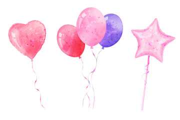 Cute balloons. Vector watercolor heart shaped, star shaped balloon