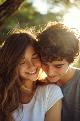 Fototapeta premium A photo of two happy young people in love, smiling and hugging each other in the park. The girl has long brown hair with highlights, generative ai