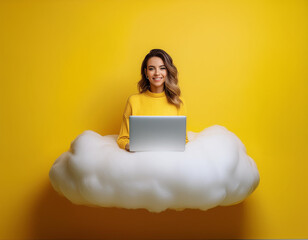 "A surreal image of a woman operating a computer while riding on a cloud."