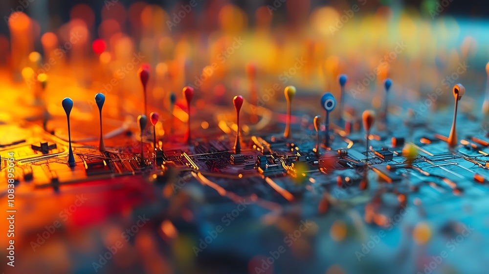 Aufkleber polling locations highlighted on a shiny 3d map with glowing points.