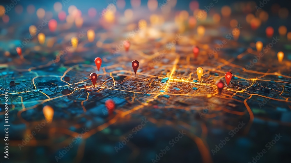 Aufkleber a sleek glossy 3d map with glowing polling location markers.