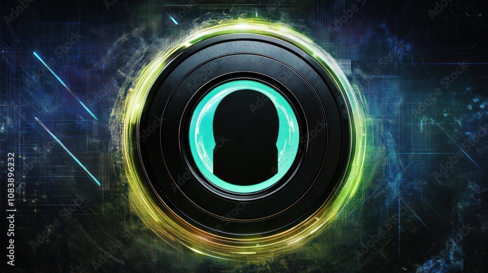 Poster a futuristic design featuring a circular interface with a silhouette in the center.