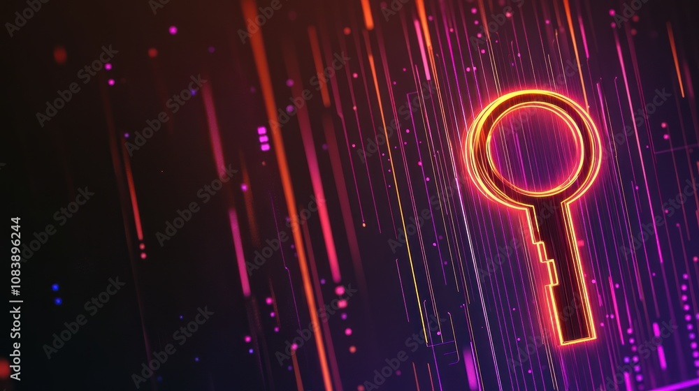 Poster a digital key symbol against a vibrant, abstract background representing security and technology.