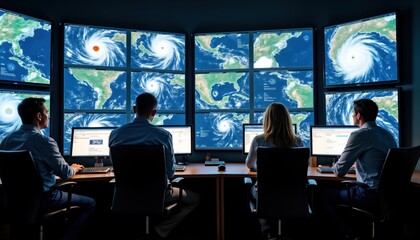 Team of meteorologists in weather service office monitor hurricane tracking data on multiple screens. Real-time wind speeds displayed on large screens. Hurricane situation analysis displayed. Team