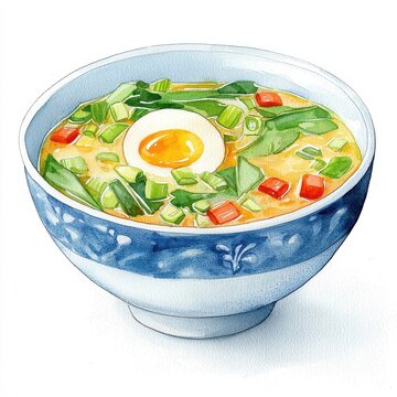 recommend clip art: Chinese Food Clipart. A colorful bowl of soup featuring fresh vegetables, an egg, and vibrant greens, perfect for a healthy meal.