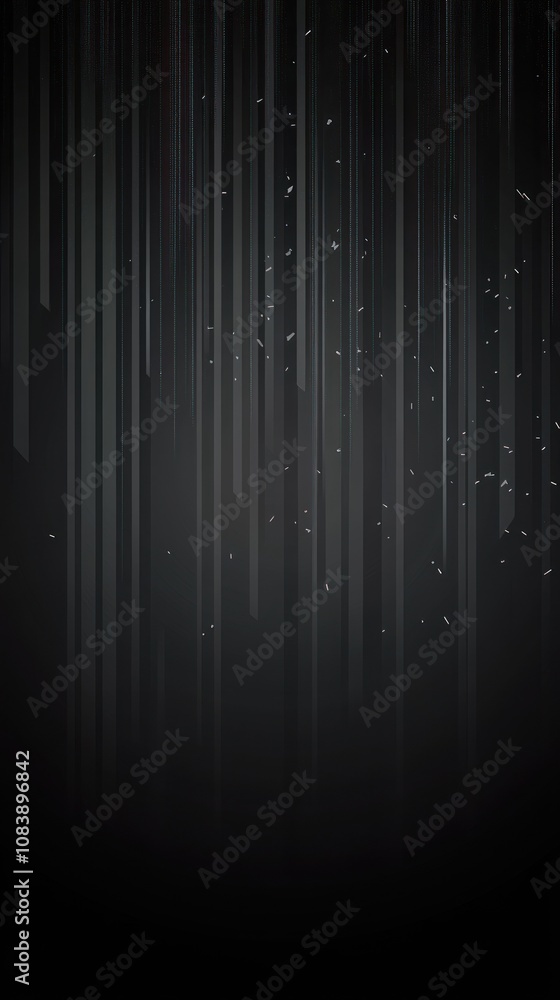Poster a dark background with vertical lines and subtle particles, creating a minimalist aesthetic.