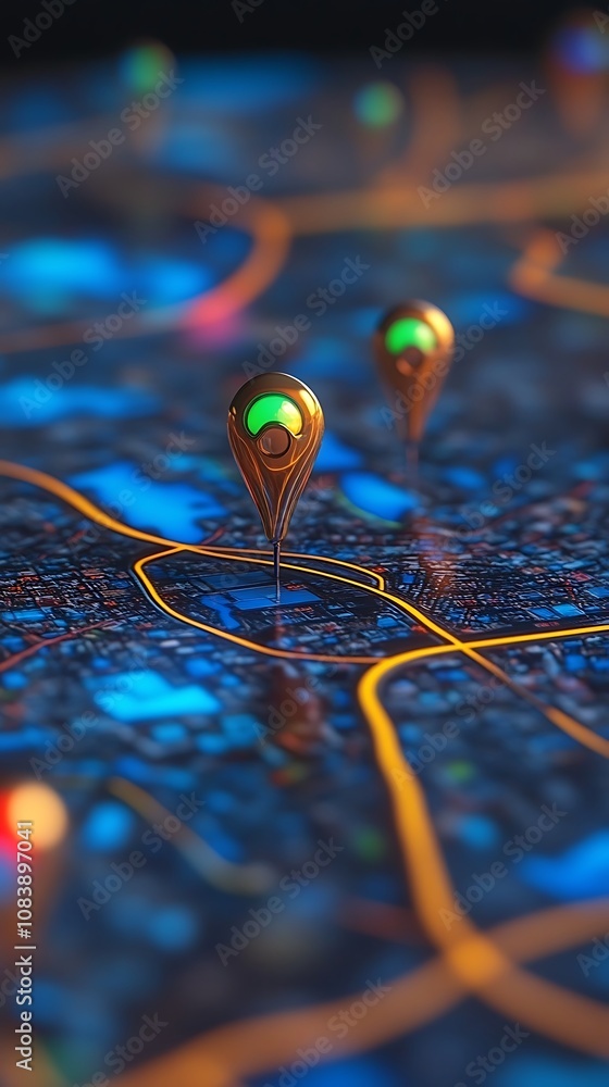 Poster polling locations visualized on a glossy 3d map with glowing highlights.