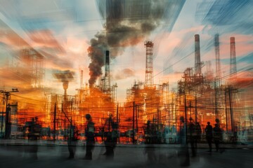 Workers Protesting Under Red Tinted Skies at Factory