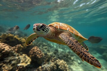 Obraz premium A Graceful Sea Turtle Gliding Through the Clear Waters of a Coral Reef During a Sunny Day